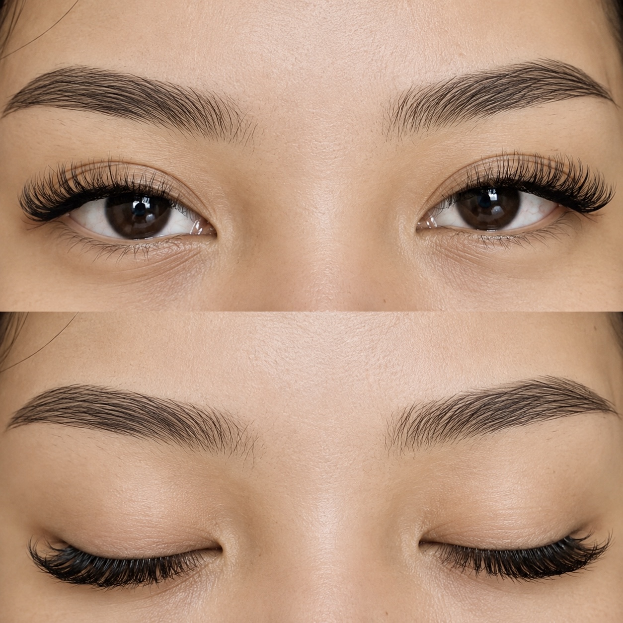 before and after Hybrid Airy lash extensions with dense voluminous finish on dark brown eyes, AyuriNails Beauty Lounge Makati